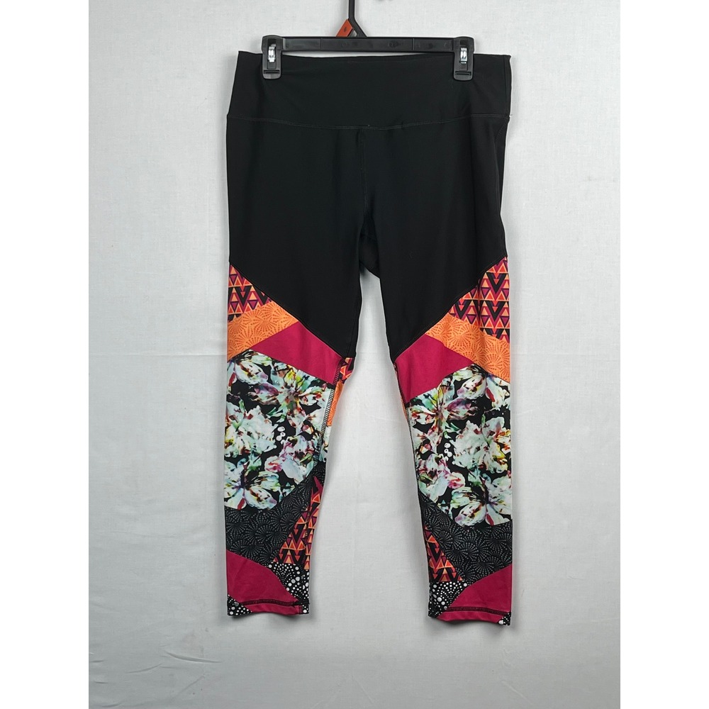 RBX Leggings Patchwork Floral Geometric Print Size L Black Multi Color CR6345
